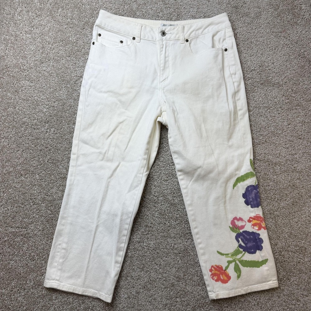 Vintage Coldwater Creek Straight Jeans Women 10 White Floral Print Stretch Denim